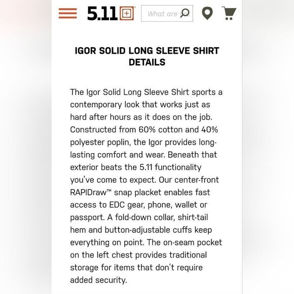 5.11 Tactical IGOR SOLID LONG WHITE SLEEVE SHIRT size Medium - Picture 6 of 7